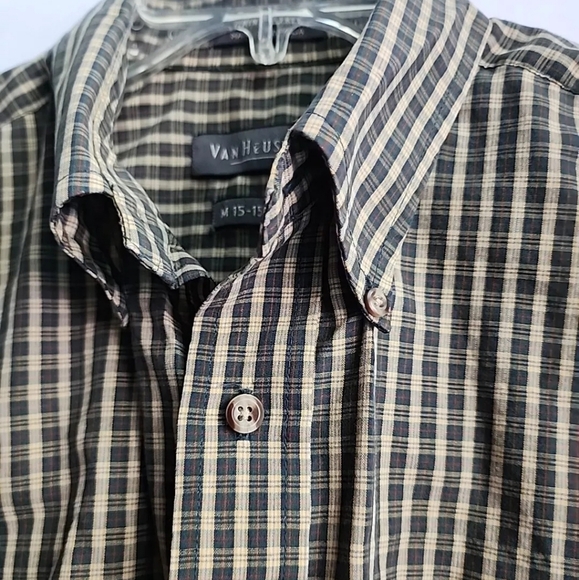 Van Heusen Large Men yellow tan black plaid casual long sleeve dress shirt - Picture 6 of 9